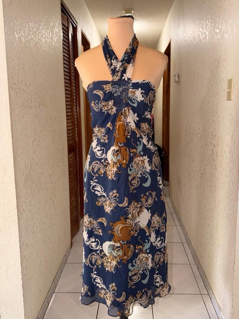 BCBG Navy Halter Maxi Dress with Gold and Cream Scroll Print